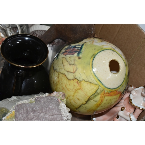 561 - TWO BOXES OF CERAMICS AND ORNAMENTS, to include a Victorian 'Moustache' cup and saucer, a Country Ar... 