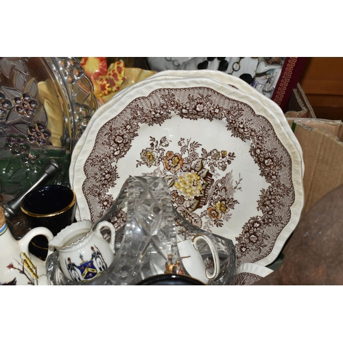 561 - TWO BOXES OF CERAMICS AND ORNAMENTS, to include a Victorian 'Moustache' cup and saucer, a Country Ar... 