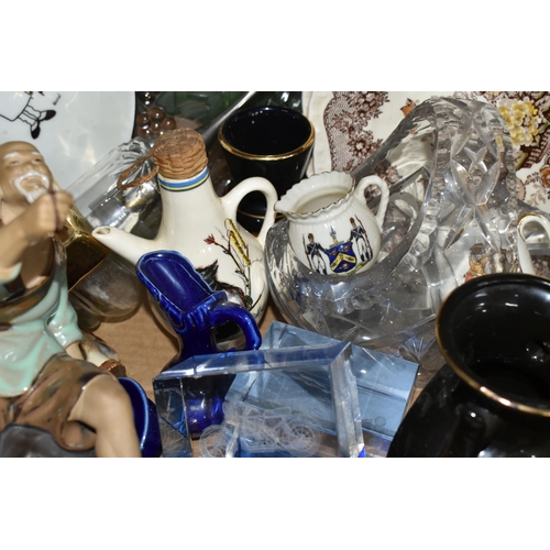 561 - TWO BOXES OF CERAMICS AND ORNAMENTS, to include a Victorian 'Moustache' cup and saucer, a Country Ar... 