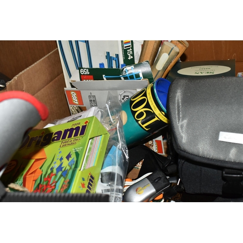 569 - FOUR BOXES AND LOOSE DVDS, CDS, TRAVEL BAGS AND SUNDRIES, to include a Canon HG10 film camera, a gre... 