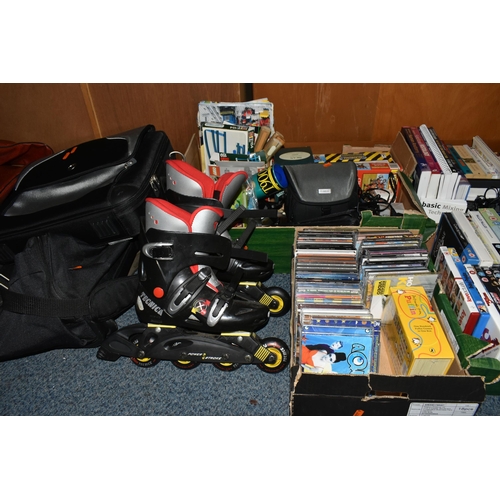 569 - FOUR BOXES AND LOOSE DVDS, CDS, TRAVEL BAGS AND SUNDRIES, to include a Canon HG10 film camera, a gre... 