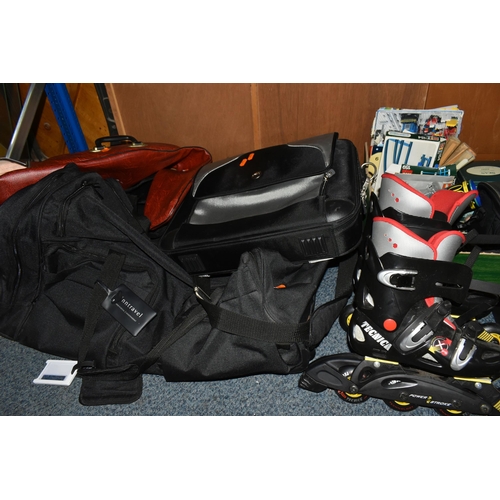 569 - FOUR BOXES AND LOOSE DVDS, CDS, TRAVEL BAGS AND SUNDRIES, to include a Canon HG10 film camera, a gre... 