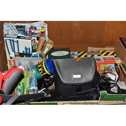 569 - FOUR BOXES AND LOOSE DVDS, CDS, TRAVEL BAGS AND SUNDRIES, to include a Canon HG10 film camera, a gre... 