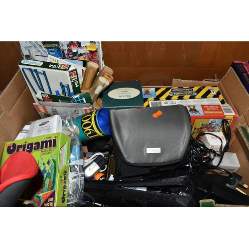 569 - FOUR BOXES AND LOOSE DVDS, CDS, TRAVEL BAGS AND SUNDRIES, to include a Canon HG10 film camera, a gre... 