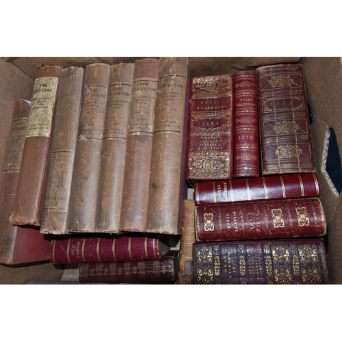 572 - TWO BOXES OF BOOKS containing fifty antiquarian titles in hardback, mainly leather bound format, dat... 