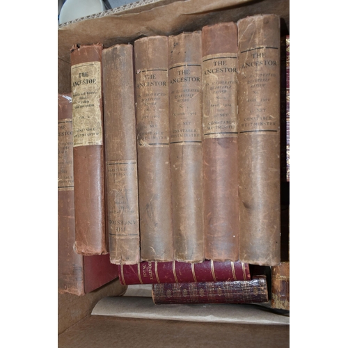 572 - TWO BOXES OF BOOKS containing fifty antiquarian titles in hardback, mainly leather bound format, dat... 