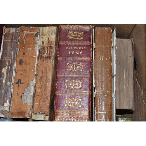 572 - TWO BOXES OF BOOKS containing fifty antiquarian titles in hardback, mainly leather bound format, dat... 