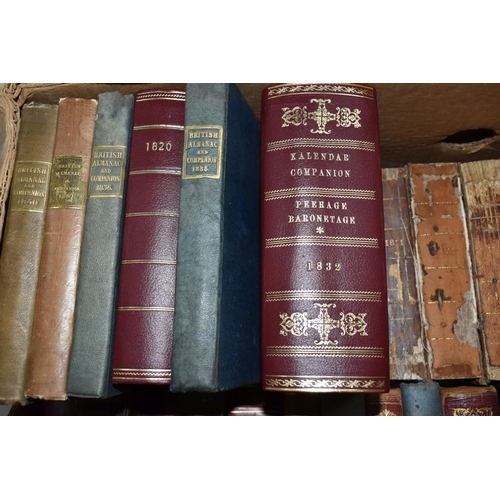 572 - TWO BOXES OF BOOKS containing fifty antiquarian titles in hardback, mainly leather bound format, dat... 