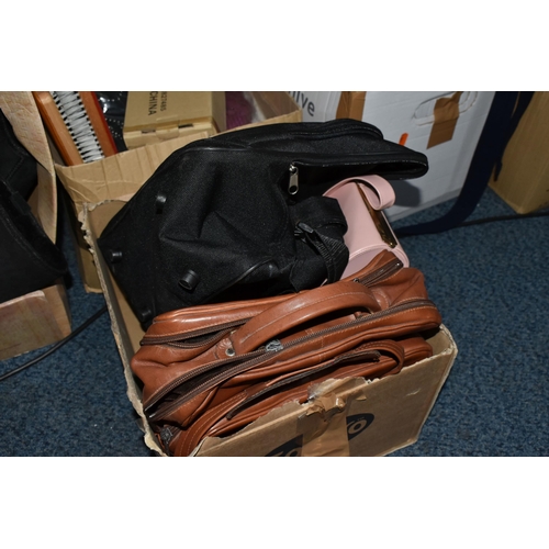 575 - SEVEN BOXES AND LOOSE CLOTHING, TABLE LINEN AND TWO  VINTAGE FAUX LEATHER SUITCASES, to include a pa... 