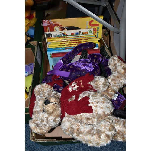 578 - THREE BOXES OF TEDDY BEARS, SOFT TOYS AND BOOKS, to include a Hermann limited edition 'Gluckskafer' ... 