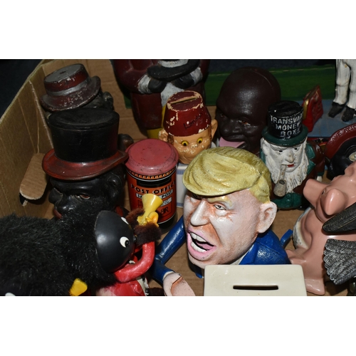 579 - A BOX OF NOVELTY MONEY BOXES, to include cast iron examples of different ages, including boxes in th... 