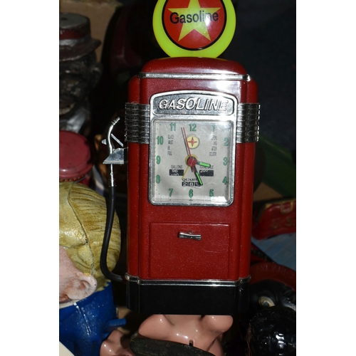 579 - A BOX OF NOVELTY MONEY BOXES, to include cast iron examples of different ages, including boxes in th... 