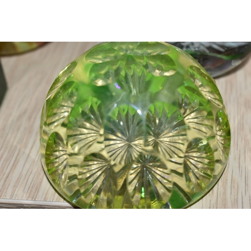 344 - A LARGE QUANTITY OF GLASS PAPERWEIGHTS AND GLASS ORNAMENTS, comprising a 1920's Uranium glass table ... 