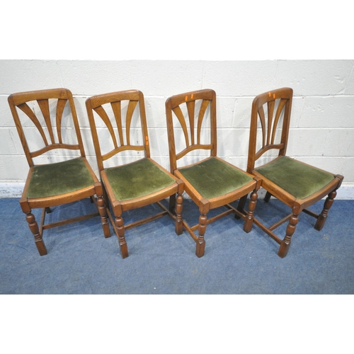 1355 - A SET OF FOUR EARLY 20TH CENTURY OAK CHAIRS, with green upholstered drop in seat pads (condition rep... 