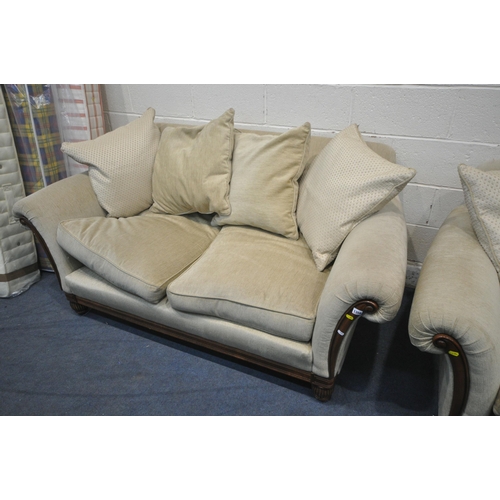 1356 - A PAIR OF OATMEAL UPHOLSTERED TWO SEATER SOFAS, length 181cm x depth 94cm x height 82cm (condition r... 