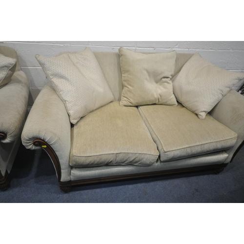 1356 - A PAIR OF OATMEAL UPHOLSTERED TWO SEATER SOFAS, length 181cm x depth 94cm x height 82cm (condition r... 