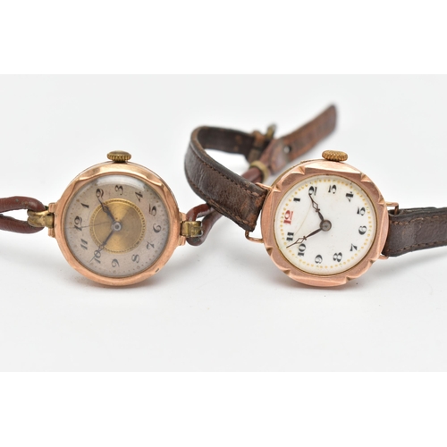 10 - TWO EARLY 20TH CENTURY LADIES 9CT GOLD WRISTWATCHES, both manual winding, the first with a round whi... 