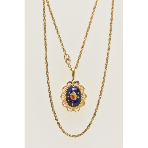 13 - AN 18CT GOLD ENAMEL PENDANT AND CHAIN, the oval pendant with central blue enamel dome with star and ... 