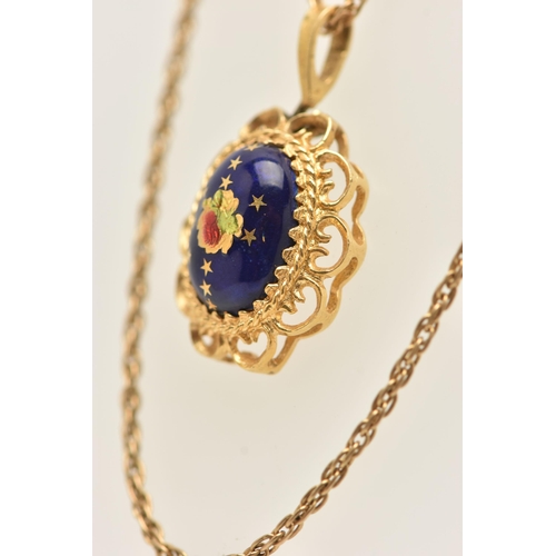 13 - AN 18CT GOLD ENAMEL PENDANT AND CHAIN, the oval pendant with central blue enamel dome with star and ... 