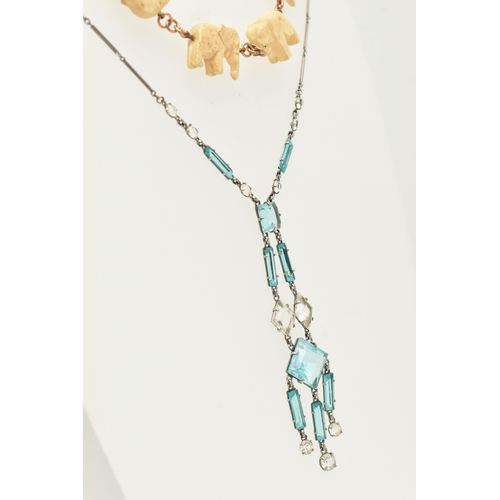 14 - A 1920'S PASTE NECKLACE AND A CARVED BONE BRACELET, the paste necklace comprising of blue and colour... 