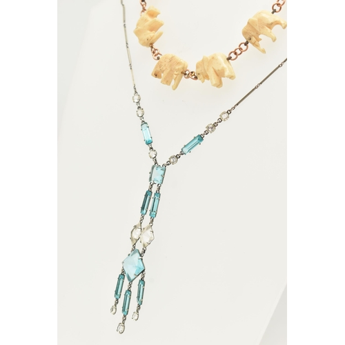 14 - A 1920'S PASTE NECKLACE AND A CARVED BONE BRACELET, the paste necklace comprising of blue and colour... 