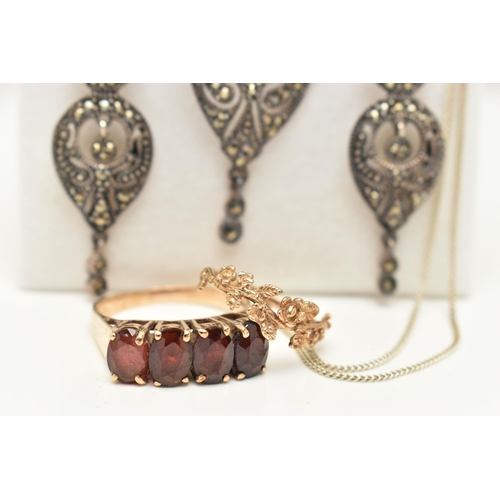 15 - FOUR ITEMS OF JEWELLERY, to include a 9ct gold garnet ring, set with a line of four oval cut garnets... 