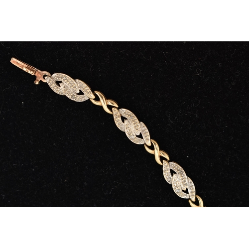 19 - A 9CT GOLD DIAMOND SET LINE BRACELET, designed as a row of nine interlocking links each set with two... 