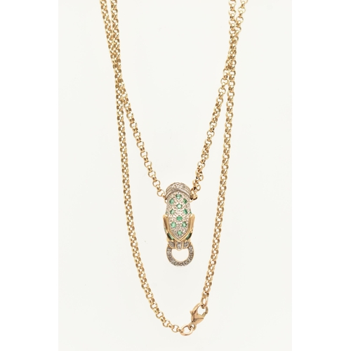 20 - A 9CT GOLD PANTHER HEAD PENDANT NECKLACE, the panther head set with circular cut emeralds and single... 