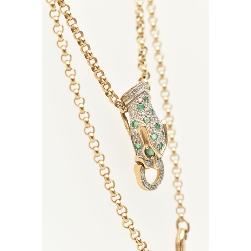 20 - A 9CT GOLD PANTHER HEAD PENDANT NECKLACE, the panther head set with circular cut emeralds and single... 