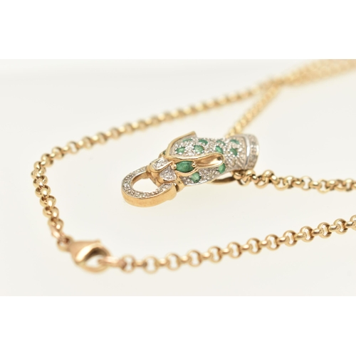 20 - A 9CT GOLD PANTHER HEAD PENDANT NECKLACE, the panther head set with circular cut emeralds and single... 