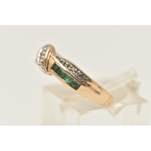 29 - A 9CT GOLD EMERALD AND DIAMOND RING, of interlocking design set with three single cut diamonds and a... 