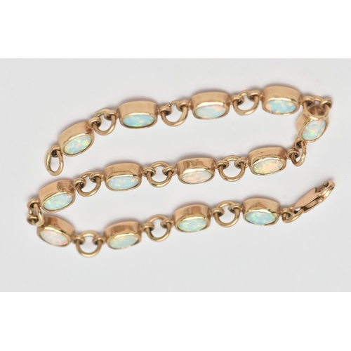 31 - A 9CT GOLD OPAL BRACELET, each link designed as an oval opal cabochon in a collet setting, to the sp... 