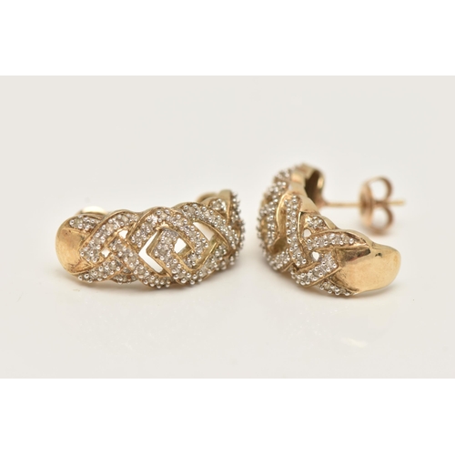 34 - A PAIR OF 9CT GOLD DIAMOND EARRINGS, each ear hoop designed as a series of interwoven lines, set thr... 