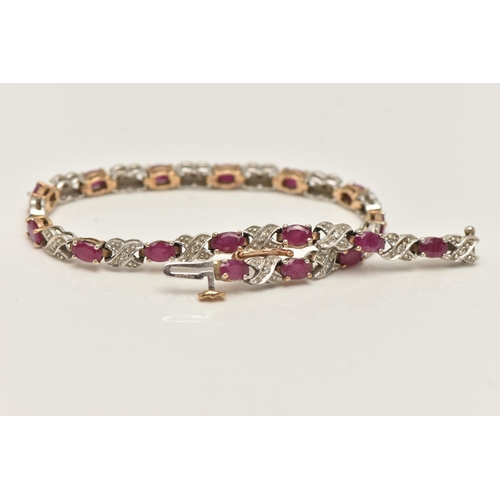 38 - A GLASS FILLED RUBY AND DIAMOND BRACELET, set with oval cut glass filled rubies interspaced by cross... 