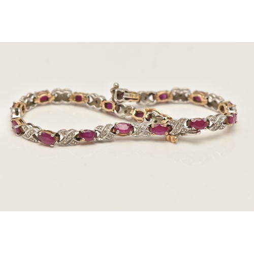 38 - A GLASS FILLED RUBY AND DIAMOND BRACELET, set with oval cut glass filled rubies interspaced by cross... 