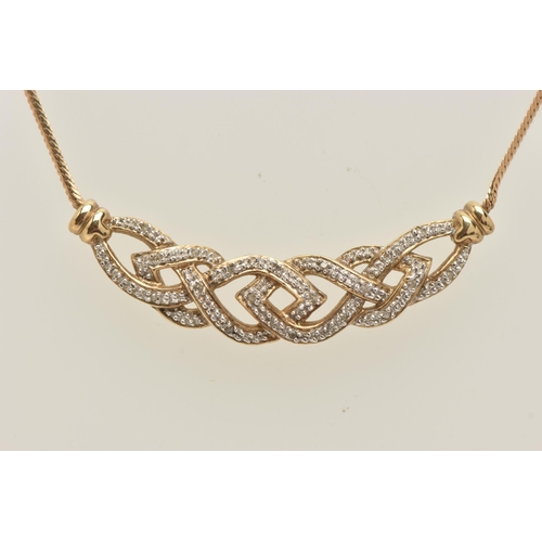 40 - A 9CT GOLD DIAMOND NECKLACE, the front designed as a series of interwoven lines set with diamonds, t... 