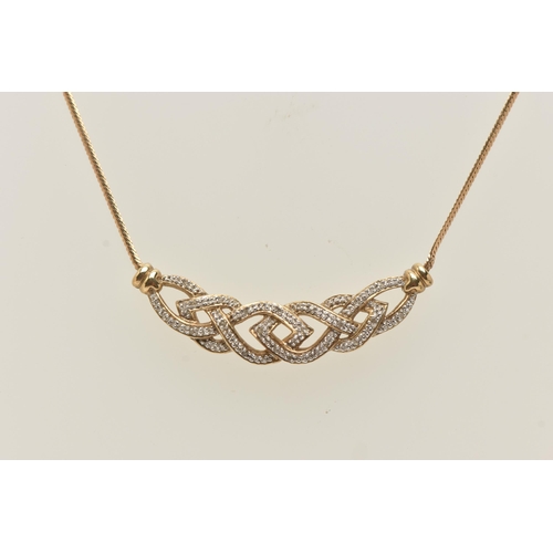 40 - A 9CT GOLD DIAMOND NECKLACE, the front designed as a series of interwoven lines set with diamonds, t... 