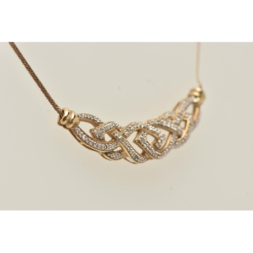 40 - A 9CT GOLD DIAMOND NECKLACE, the front designed as a series of interwoven lines set with diamonds, t... 