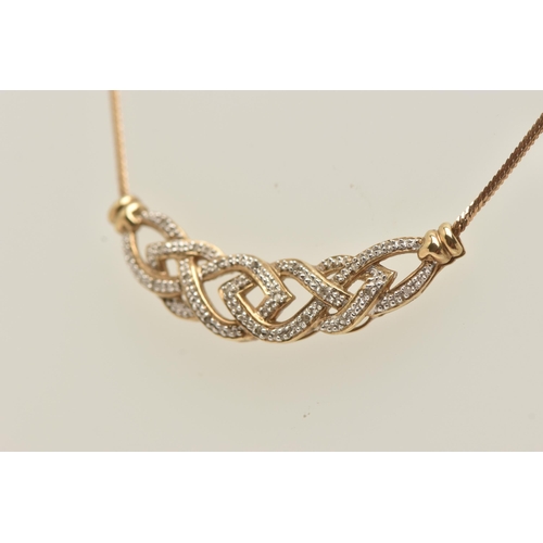 40 - A 9CT GOLD DIAMOND NECKLACE, the front designed as a series of interwoven lines set with diamonds, t... 