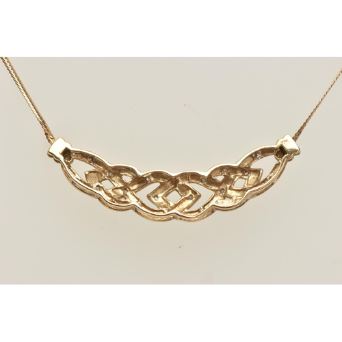 40 - A 9CT GOLD DIAMOND NECKLACE, the front designed as a series of interwoven lines set with diamonds, t... 