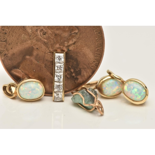 41 - FIVE ITEMS OF JEWELLERY, to include a pair of synthetic opal earrings, each designed as oval opal ca... 