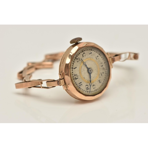 46 - AN EARLY 20TH CENTURY 9CT GOLD WRISTWATCH, hand wound movement, round dial, Arabic numerals, yellow ... 