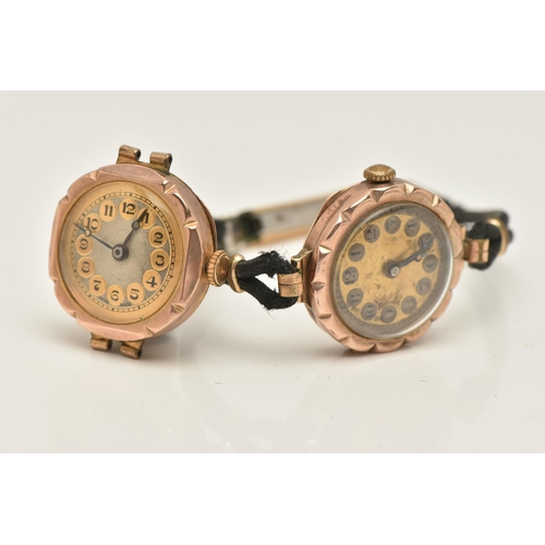 47 - TWO EARLY 20TH CENTURY 9CT GOLD WRISTWATCHES, the first hand wound movement, round dial, Arabic nume... 