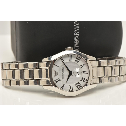 48 - AN EMPORIO ARMANI GENTLEMAN'S WATCH, the circular brushed silver face with black Roman numerals and ... 