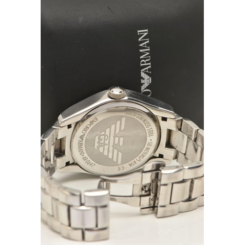 48 - AN EMPORIO ARMANI GENTLEMAN'S WATCH, the circular brushed silver face with black Roman numerals and ... 