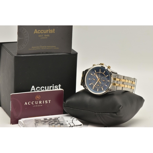 49 - A GENTLEMAN'S ACCURIST WATCH, the circular blue dial with baton marker's, date dial at 3 o'clock and... 