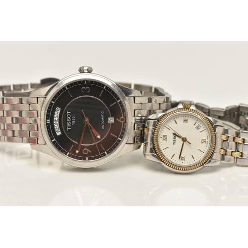 50 - TWO TISSOT WATCHES, the first a gentleman's automatic watch, the circular face with dark dial, baton... 