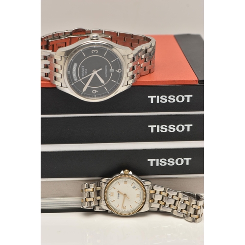 50 - TWO TISSOT WATCHES, the first a gentleman's automatic watch, the circular face with dark dial, baton... 