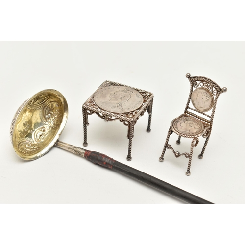 52 - A SMALL ASSORTMENT OF SILVER ITEMS, to include a silver toddy ladle with an ebony handle, hallmarked... 