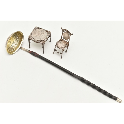 52 - A SMALL ASSORTMENT OF SILVER ITEMS, to include a silver toddy ladle with an ebony handle, hallmarked... 